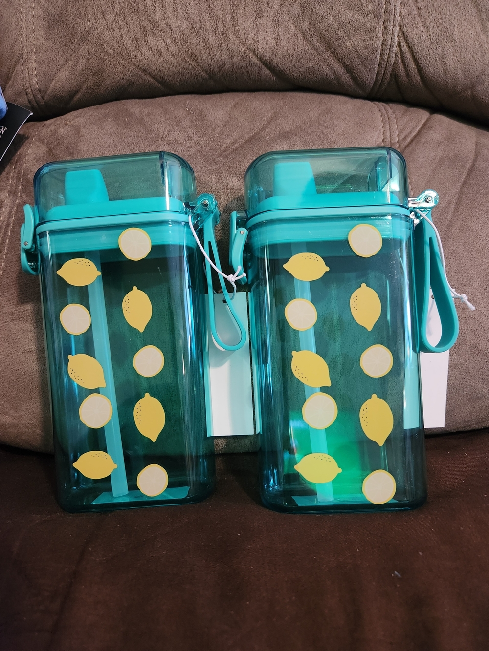 Teal Lemon Pattern Portable Water Bottle with Straw - Brand